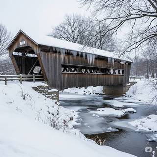 Wooden Covered Bridge during Winter