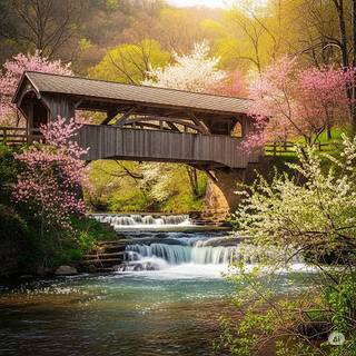 Wooden Covered Bridge over a Waterfall in Spring