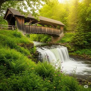 Wooden Covered Bridge over a Waterfall in Summer