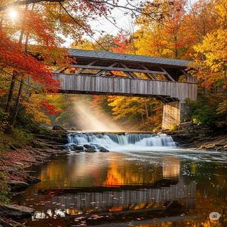 Wooden Covered Bridge over a Waterfall in Autumn