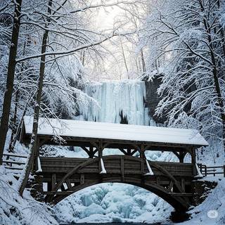 Wooden Covered Bridge over a Waterfall in Winter
