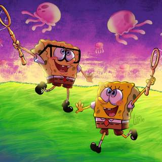 Old vs New SpongeBob hunting jellyfish - Wallpaper
