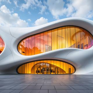 Futuristic building with a bold and artistic design.