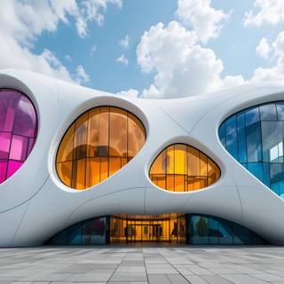 Futuristic building with a bold and artistic design.