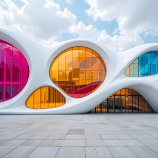 Futuristic building with a bold and artistic design.