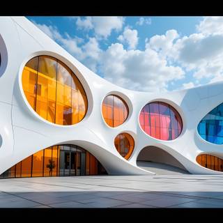 Futuristic building with a bold and artistic design.