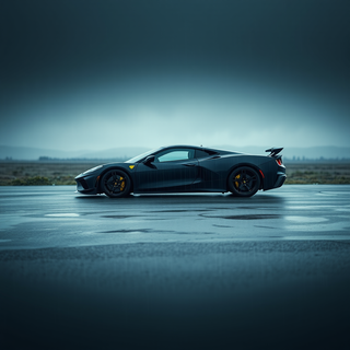 A lonely Ferrari below the rainy sky