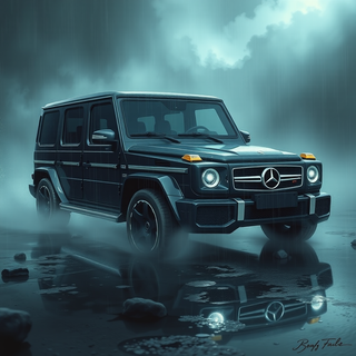 Lonely benz below the rainy sky 