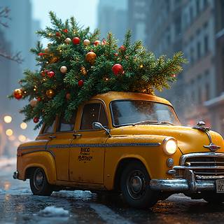 Taxi With Christmas Tree On Roof