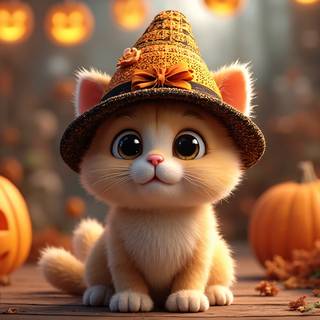 Cute Fluffy Kitten In Halloween Hat