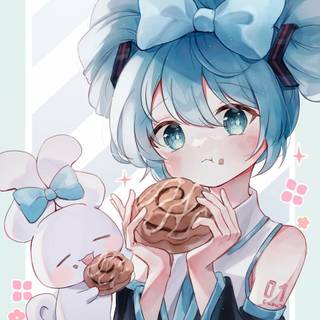 Miku and cinnamoroll eating cinnamon rolls