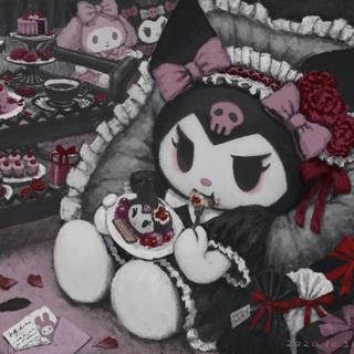 gothic kuromi eating cake that looks like her