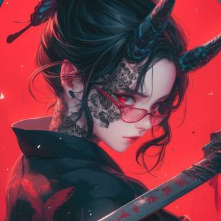 demon anime girl horn glasses katana