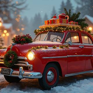 Red Retro Car With Christmas Tree