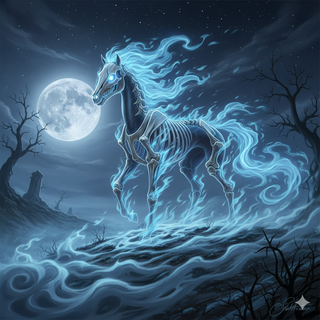 Fakemon Pokemon: Ghostly Skeletal Horse with blue