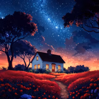 Starry Night Over A Cozy Cottage