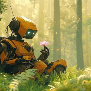 Robot Holding A Pink Flower & Observing It