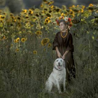 floarea-soarelui cu câine și copil