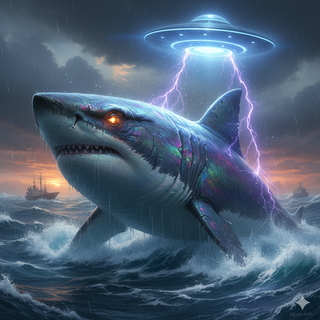 UFO transforms Great White Shark into a Giant creature towering over the ocean landscape