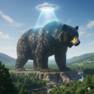 UFO transforms Black Bear into a Giant creature that towering over the landscape