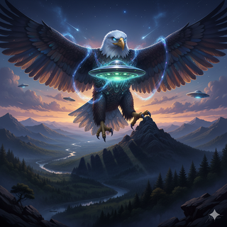 UFO transforms Bald Eagle into a Giant creature that towering over the landscape