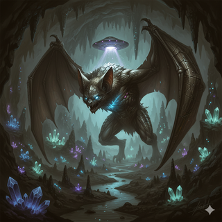 UFO transforms Bat into a Giant creature that towering over a cave like landscape