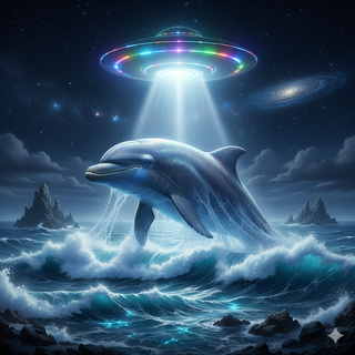 UFO transforms Bottlenose Dolphin into a Giant creature that towering over an ocean landscape