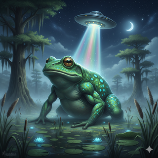 UFO transforms Frog into a Giant creature that towering over a marsh landscape