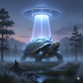UFO transforms Turtle into a Giant creature that towering over a marsh landscape