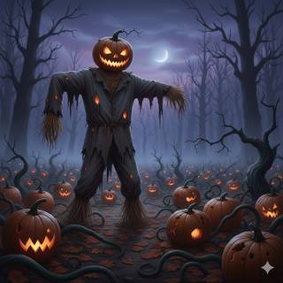 Scary Scarecrow in a Pumpkin Patch
