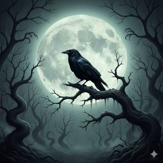 Crow sitting on a scary like branch with full moon