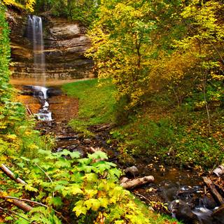 O cascadă printre copacii de toamnă