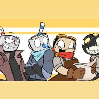 mugman, Cuphead, Boris, bendy, Shelly and pebble // motim / myth of the ink machine