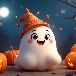 Cute White Ghost In Halloween Hat