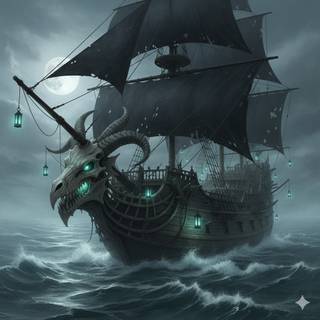 Ghost Pirate Ship with a Horned Dragon Skull