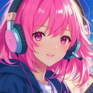 Anime Girl with Pink Hair and Headphones in Tokyo