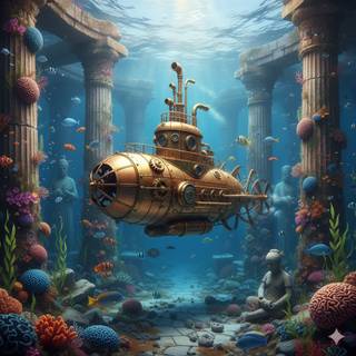 Steampunk Submarine exploring sunken Ancient Temple