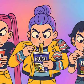 Huntrix eating japanese noodles (how its done) anime dessin  version 