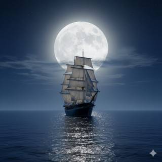 Tall Ship sailing under the Full Moon