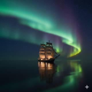 Tall Ship underneath the Aurora Borealis