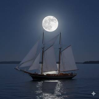 Great Lake Schooner sailing under the Full Moon
