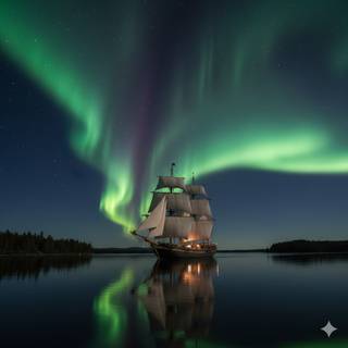 Great Lake Schooner underneath the Aurora Borealis