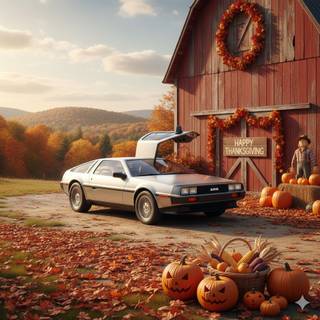 Delorean on a farm with a red barn on Thanksgiving