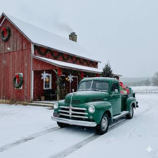 Green 1946 Dodge WC Pickup Truck at a Farm during Christmas