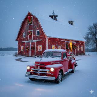 Red 1946 Dodge WC Pickup Truck at a Farm during Christmas