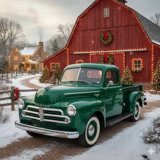 Green 1949 Dodge B1-C-116 Pickup Truck at a Farm during Christmas
