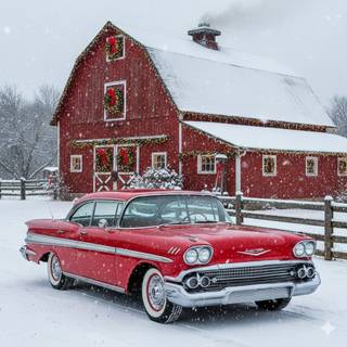 Red 1958 Chevy Bel Air Impala at a Farm during Christmas
