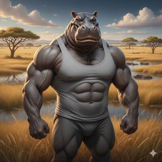Anthropomorphic Hippo with a Muscular Body