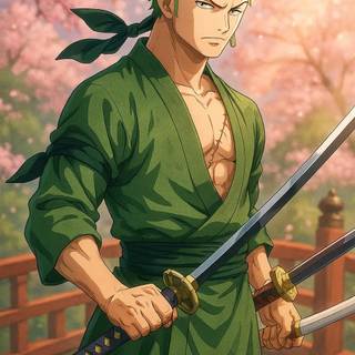 Zoro from One Piece Wano Arc, wearing green kimono with bandana on arm, swords drawn, standing on Japanese-style bridge, background with blurred cherry blossoms, bright light from one side, portrait composition, detailed anime art, high-quality for depth effect lockscreen, MIUI wallpaper.