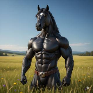 Anthropomorphic Black Horse with a Muscular Body
